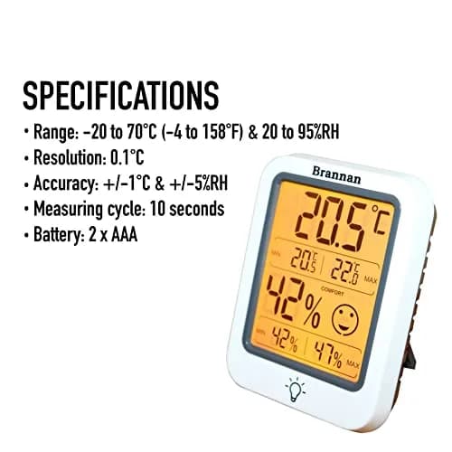 Brannan Digital Room Thermometer Hygrometer with Backlight & Max Min Recording, -50°C to 70°C (25.6°F to 158°F) | Monitors Indoor Temperature and Humidity Accurately thumbnail 4
