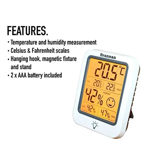 Brannan Digital Room Thermometer Hygrometer with Backlight & Max Min Recording, -50°C to 70°C (25.6°F to 158°F) | Monitors Indoor Temperature and Humidity Accurately thumbnail 5
