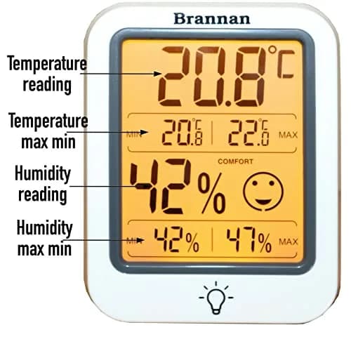 Brannan Digital Room Thermometer Hygrometer with Backlight & Max Min Recording, -50°C to 70°C (25.6°F to 158°F) | Monitors Indoor Temperature and Humidity Accurately thumbnail 9