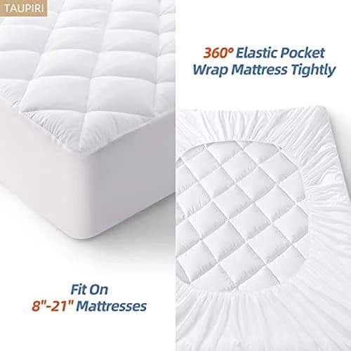 Taupiri Queen Quilted Mattress Pad Cover with Deep Pocket (8"-21"), White | Breathable & Deep Pocket Mattress Protector thumbnail 4