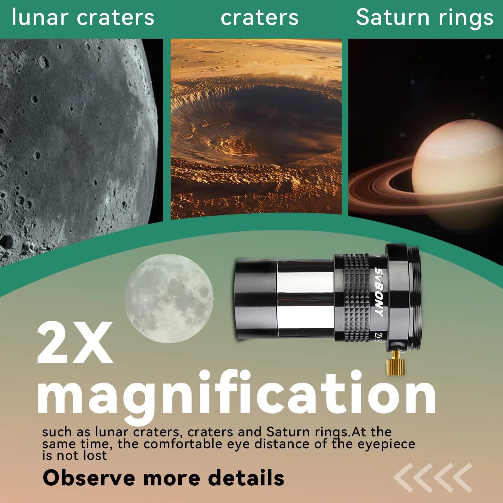 SVBONY SV137 2x Barlow Lens 1.25 inch (31.75mm) | Doubles Magnification for Telescopes - view 3