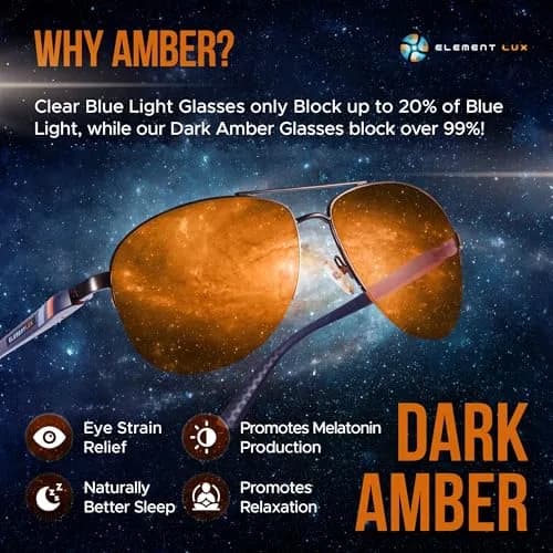 ELEMENT LUX Blue Light Blocking Glasses | 99% Dark Amber Lenses, 62mm Lens Width | Better Sleep, Gaming, Eyestrain Relief - view 2