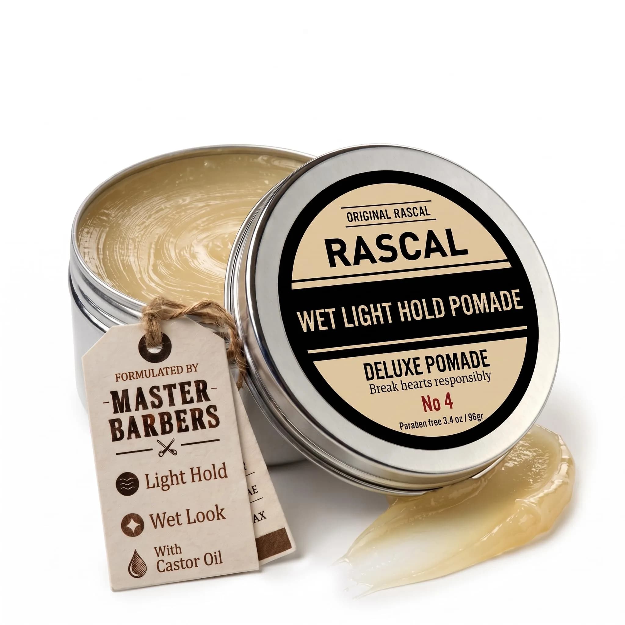 Rascal Men's Grooming Original Pomade #4 3.4oz | Light Hold Wet Look High Shine — Ceteareth-25 & Castor Oil