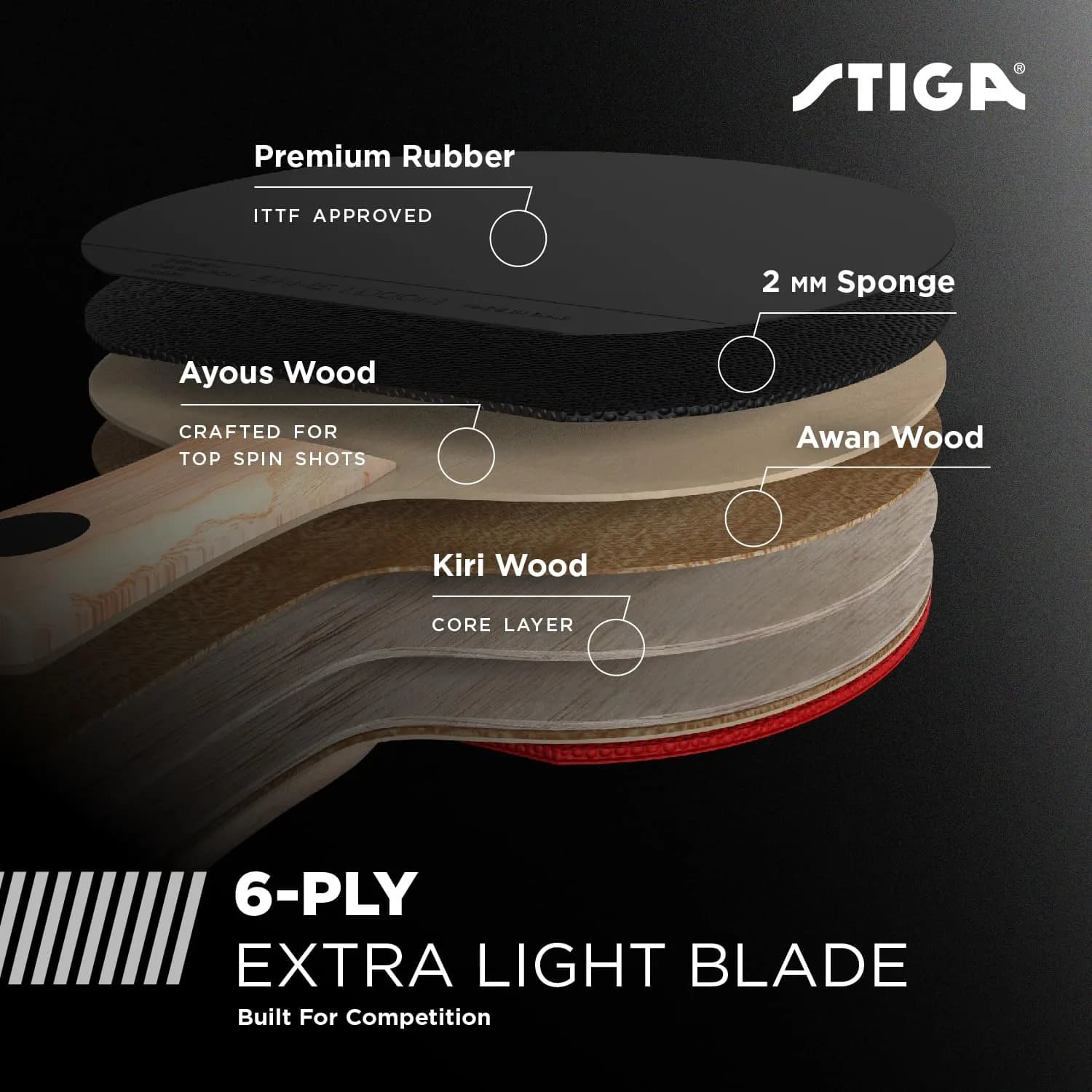 STIGA Talon Table Tennis Racket | 6-Ply Ultra-Light Blade, 2mm Tournament-Approved Sponge, Flared Handle - view 3