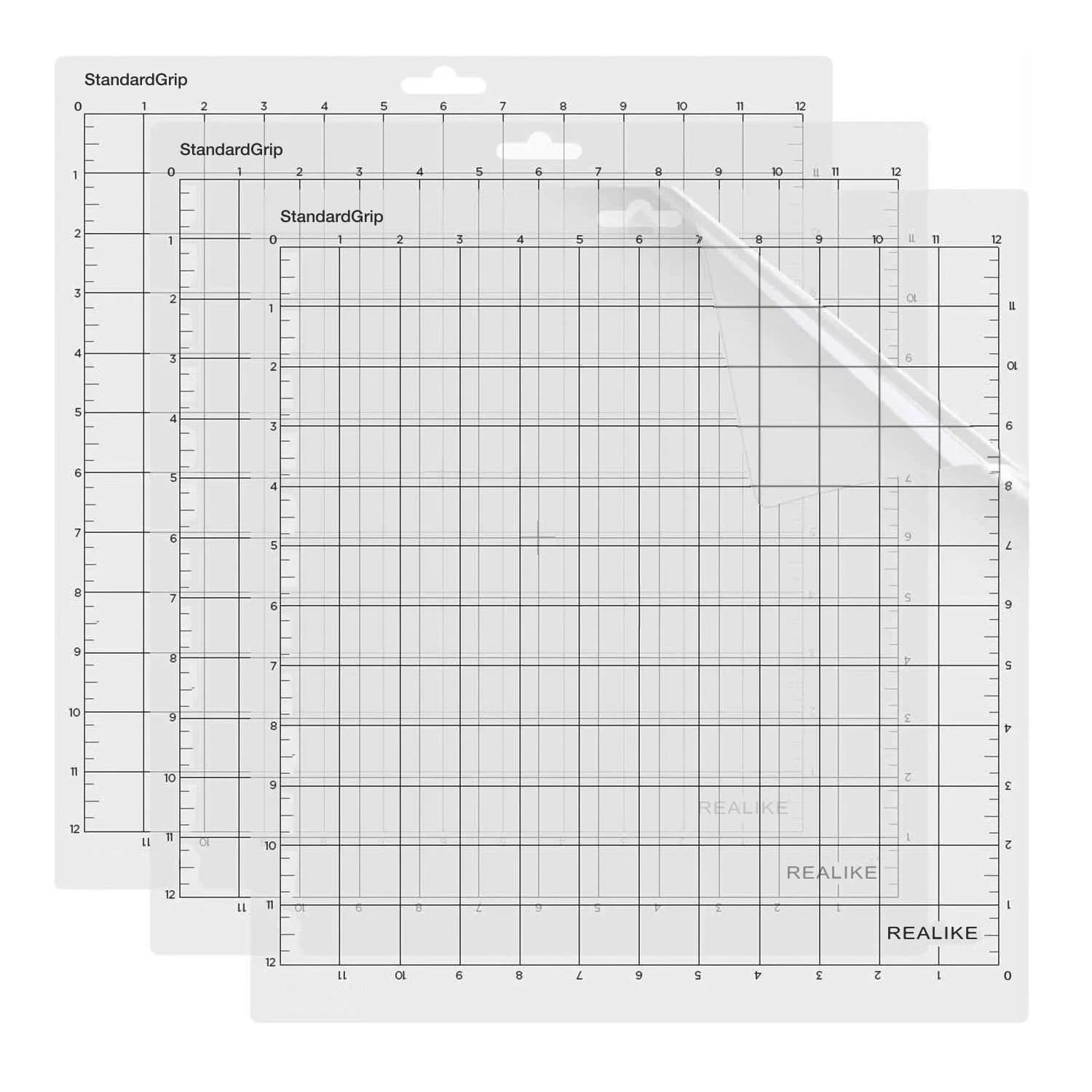 REALIKE 12x12 inch StandardGrip Cutting Mats (3 Pack) | Gridded Adhesive Non-Slip for Silhouette Cameo Craft Sewing — Transparent -1