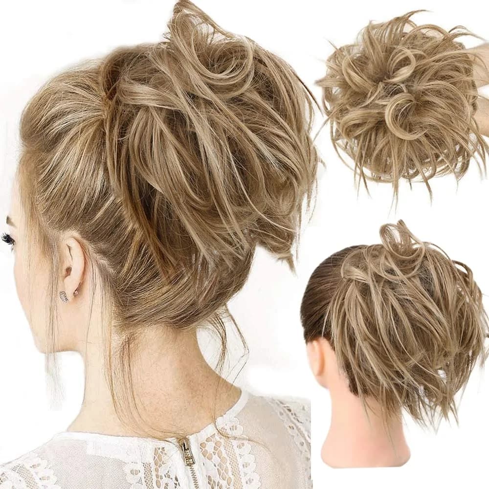 HMD Tousled Updo Messy Bun Hair Piece Ponytail Hairpieces for Women | Casual, Heat-Resistant Synthetic Hair 45g — 12H24(Light Brown Mix Natural Blonde)