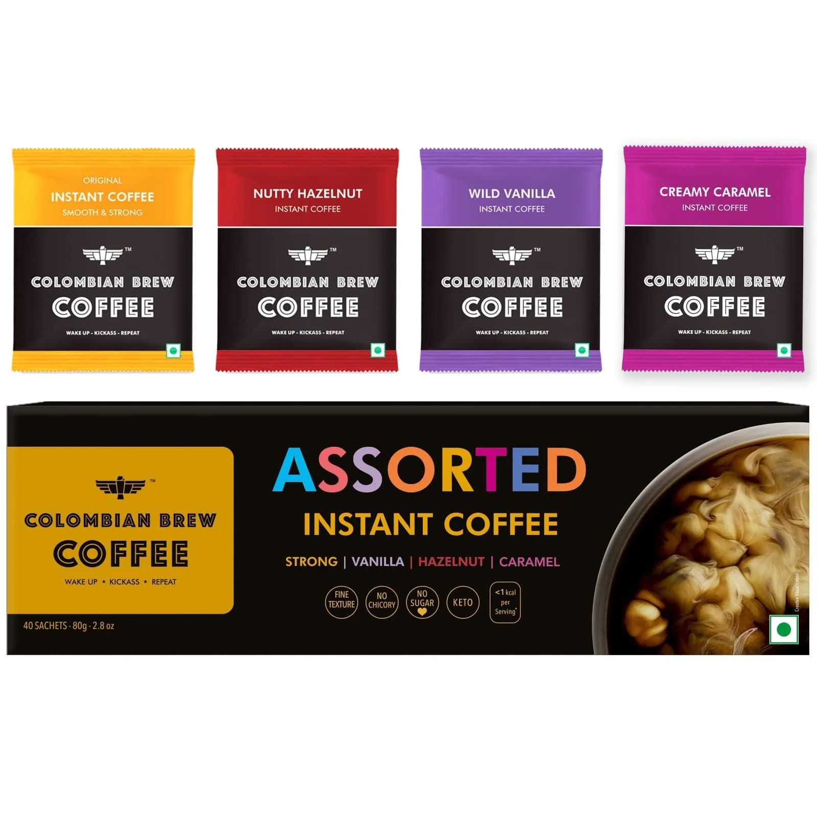 Colombian Brew Assorted Instant Coffee Powder Box (80g) | Strong, Vanilla, Hazelnut, Caramel, Gift Pack - main product image