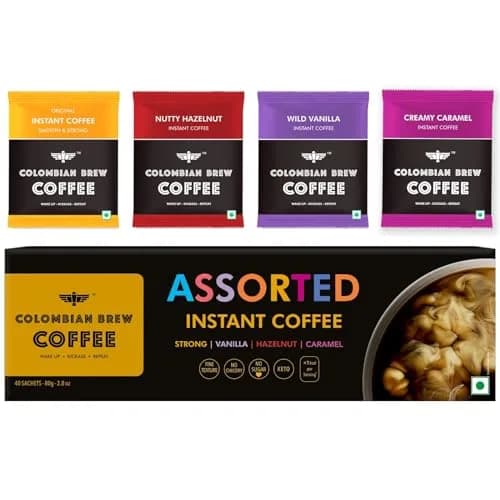 Colombian Brew Assorted Instant Coffee Powder Box (80g) | Strong, Vanilla, Hazelnut, Caramel, Gift Pack thumbnail 1