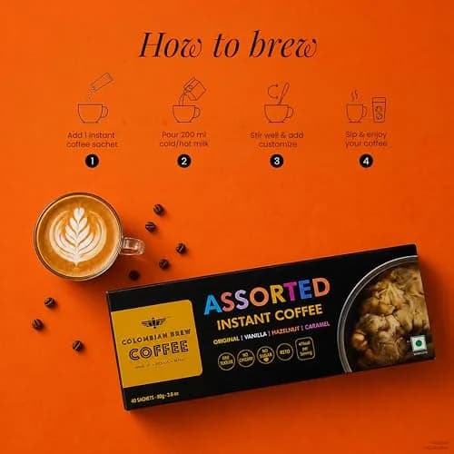 Colombian Brew Assorted Instant Coffee Powder Box (80g) | Strong, Vanilla, Hazelnut, Caramel, Gift Pack thumbnail 2