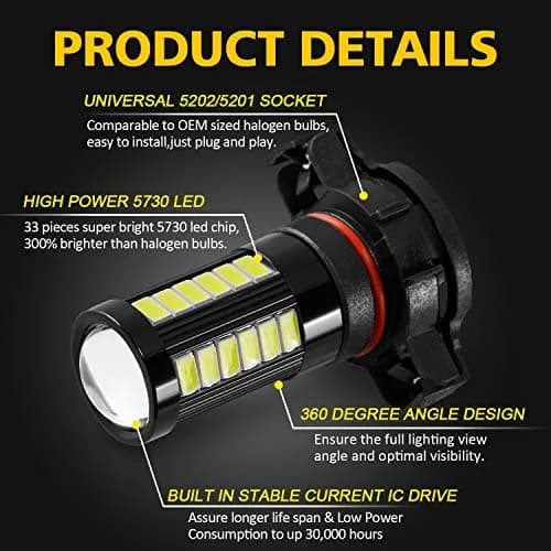 AUXLIGHT 5202 5201 12085 9009 H16 LED Fog Light Bulbs 6000K Xenon White | Super Bright 2800 Lumens, Pack of 2 thumbnail 2