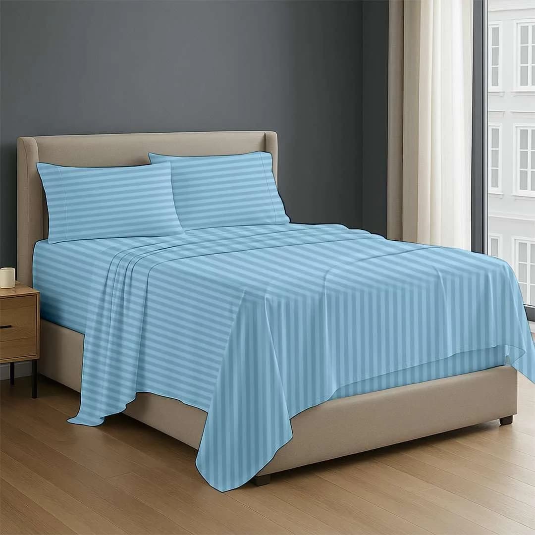 NON Sticky cotton Egyptian Cotton Queen Sheet Set | Hotel Quality Breathable Bedding (70-120 chars) — Light Blue Stripe