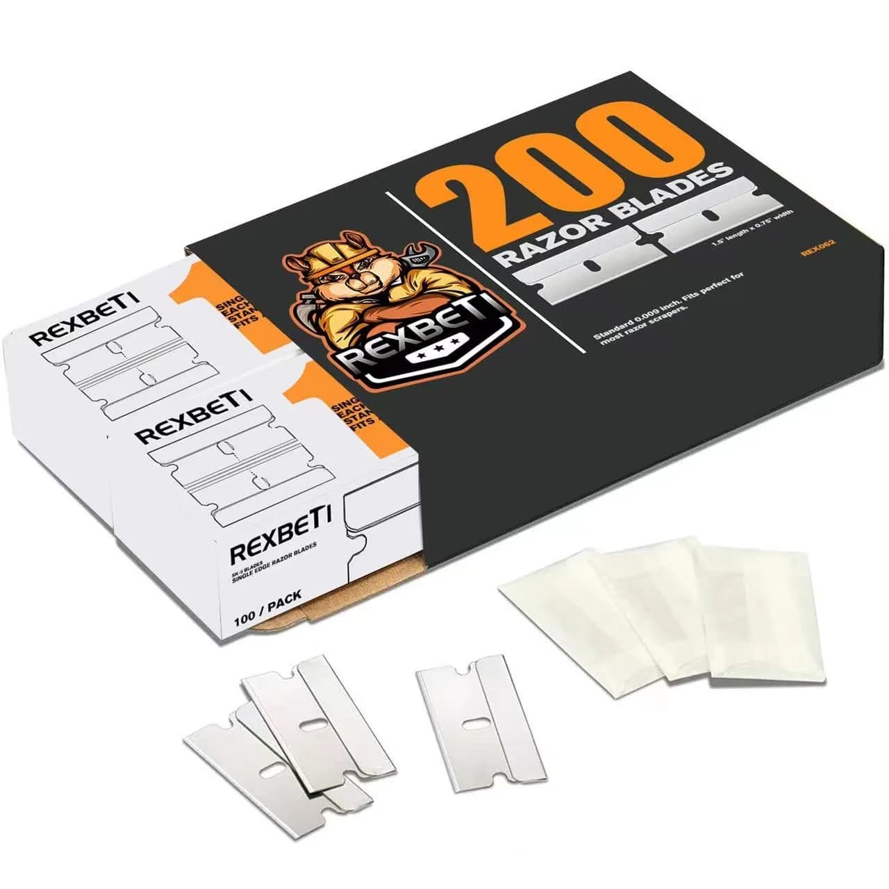 REXBETI 200 Pack Single Edge Razor Blades | Heavy-Duty Steel for Scraping & Cutting
