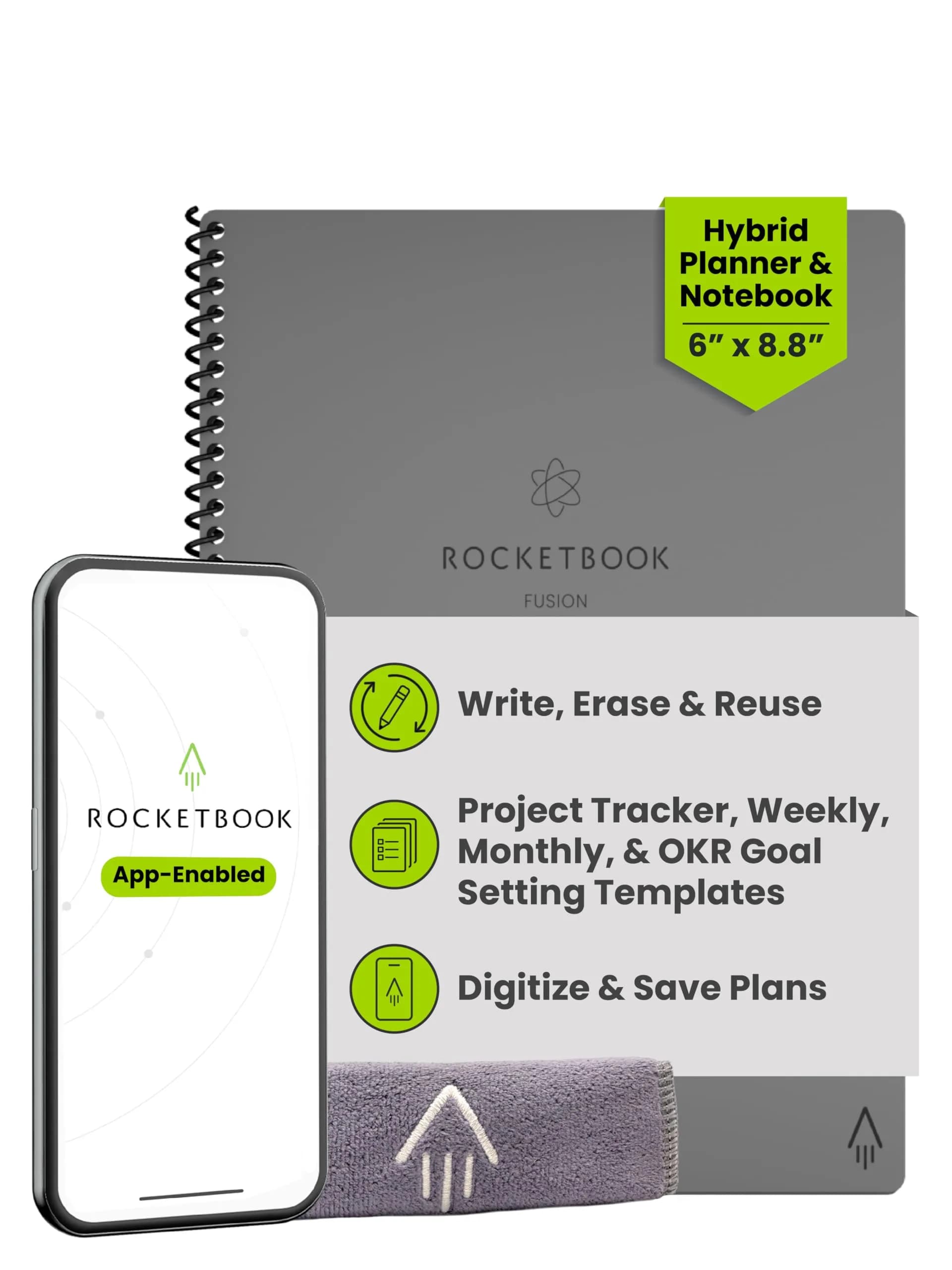 Rocketbook Fusion Hybrid Reusable Planner Notebook, Executive 6x8.8, Grey | 7 Page Types for Productivity & Organization - main product image