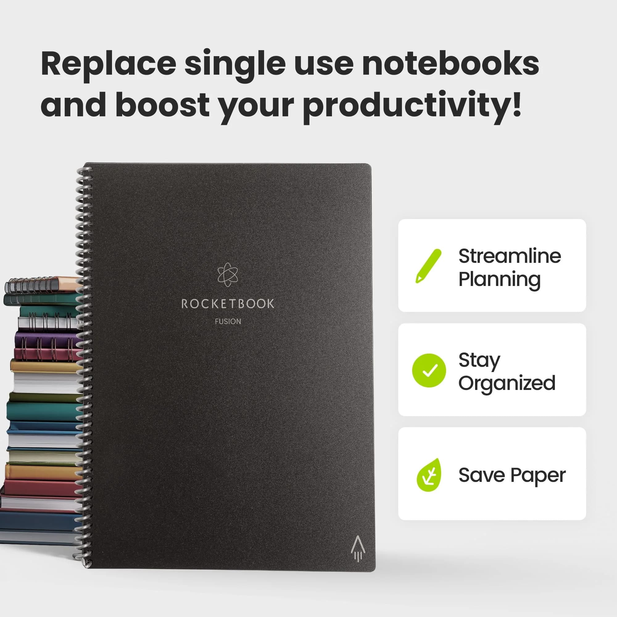 Rocketbook Fusion Reusable Undated Productivity Planner, Letter Size 21.6 x 27.9 cm (8.5 x 11 inches), Gray | 7-Section Template Hybrid Notebook - view 9