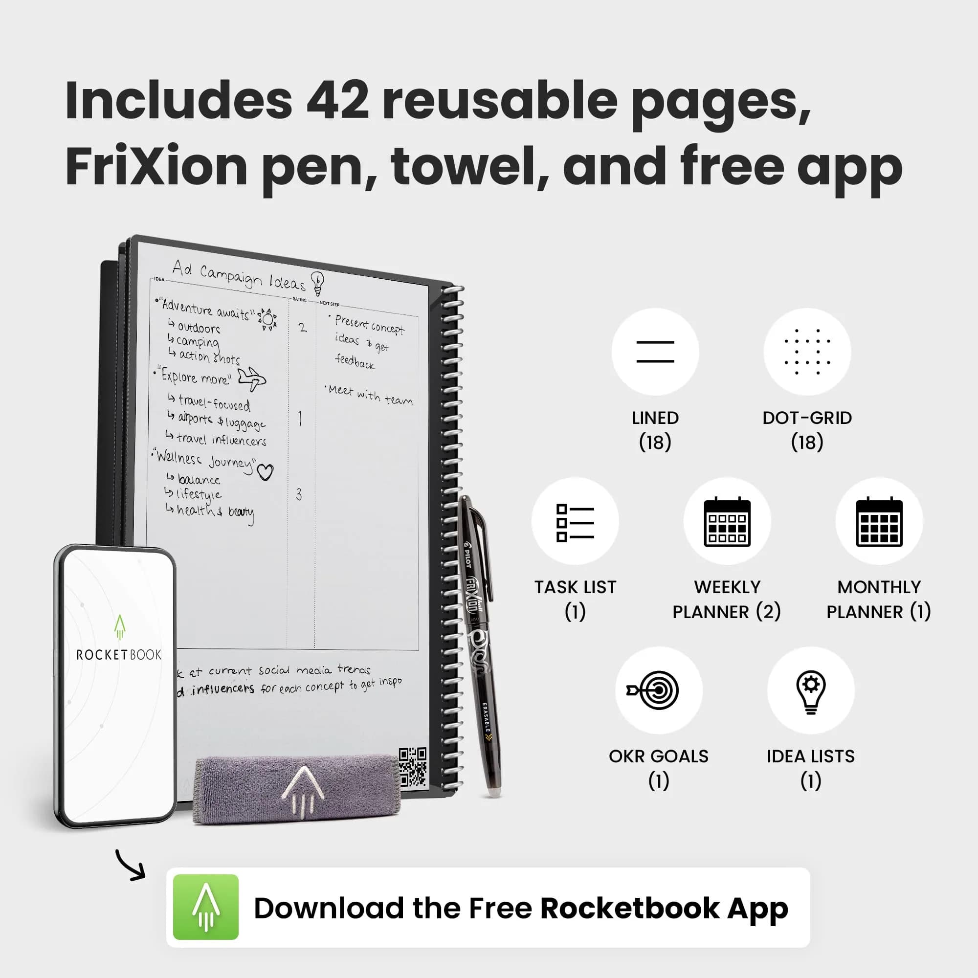Rocketbook Fusion Reusable Undated Productivity Planner, Letter Size 21.6 x 27.9 cm (8.5 x 11 inches), Gray | 7-Section Template Hybrid Notebook - view 4