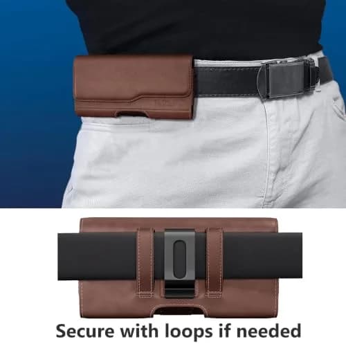 DeBin Leather Belt Holster for iPhone 15 Plus/Pro Max, Samsung S26+ Plus 5G — Brown | Fits Phones with Case On thumbnail 4
