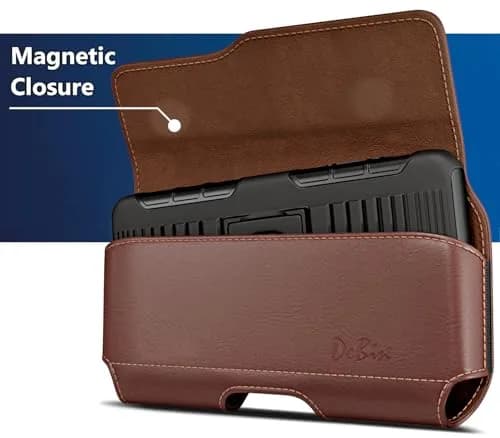 DeBin Leather Belt Holster for iPhone 15 Plus/Pro Max, Samsung S26+ Plus 5G — Brown | Fits Phones with Case On thumbnail 3