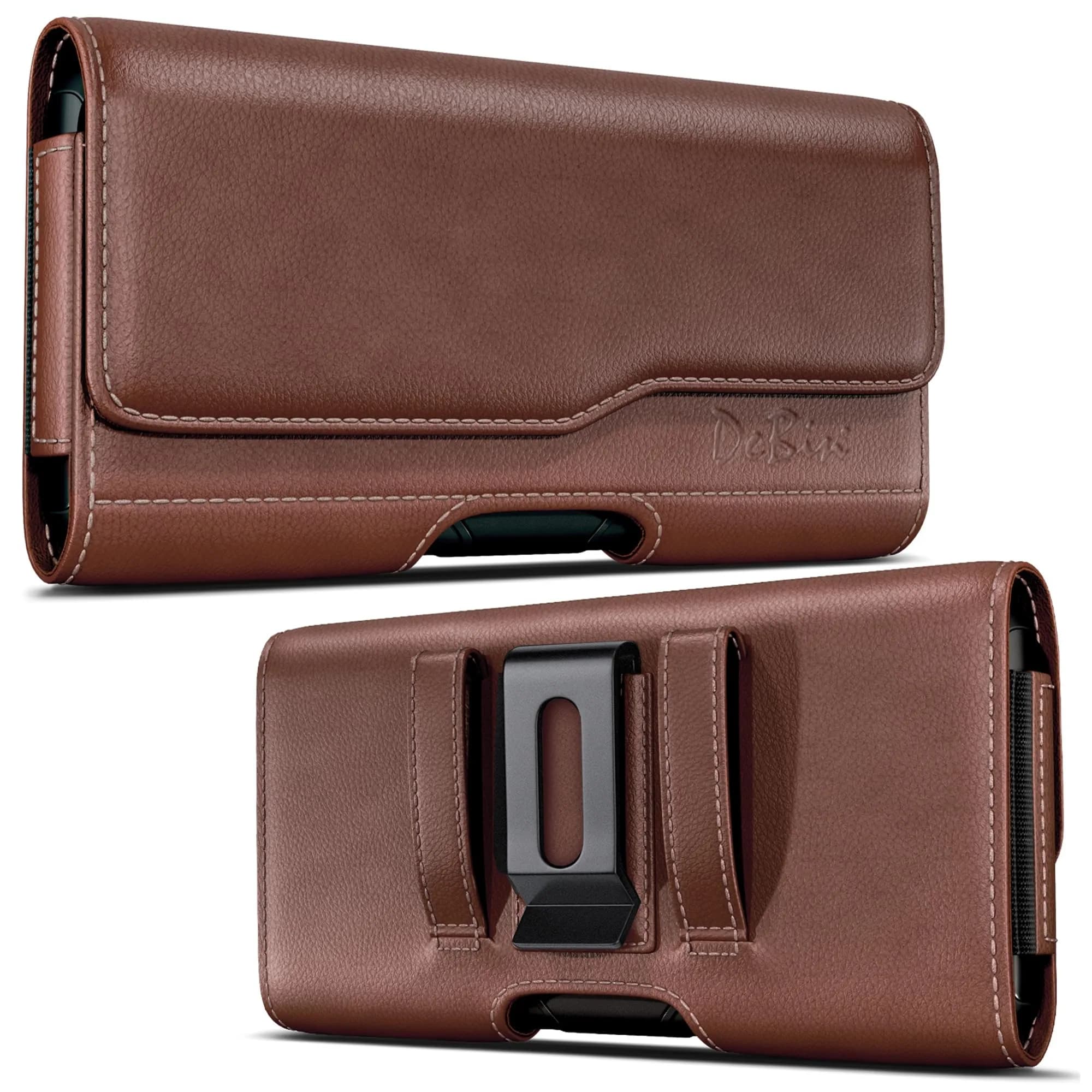 DeBin Leather Belt Holster for iPhone 15 Plus/Pro Max, Samsung S26+ Plus 5G — Brown | Fits Phones with Case On - main product image