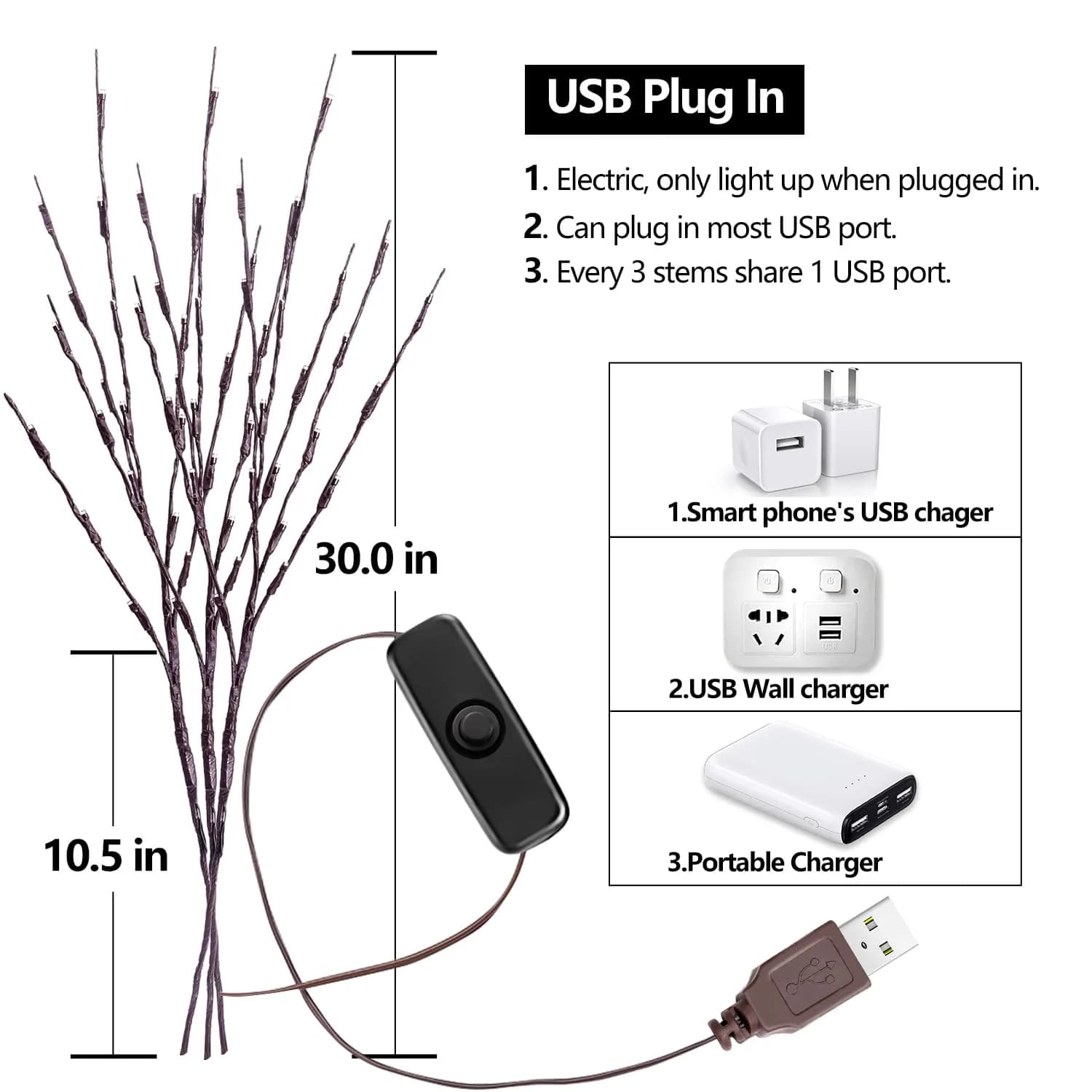 KXCOFTXI 3-Pack 30" Twig Lights USB Plug-in Branches Lights, 60 Warm White LEDs | Bendable Decorative Lights for Vases - view 5