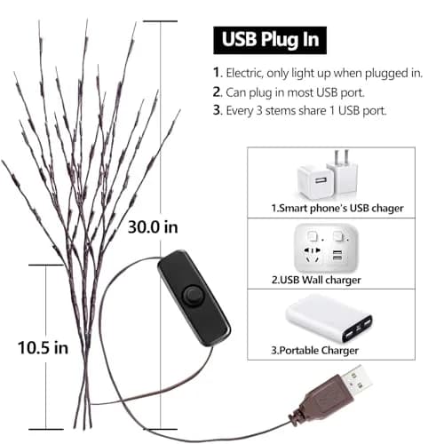 KXCOFTXI 3-Pack 30" Twig Lights USB Plug-in Branches Lights, 60 Warm White LEDs | Bendable Decorative Lights for Vases thumbnail 5
