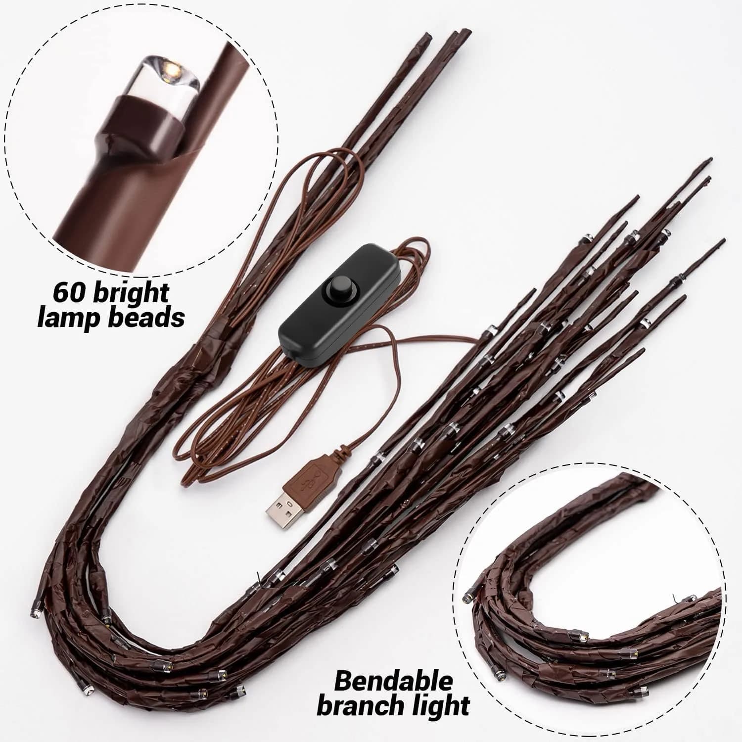 KXCOFTXI 3-Pack 30" Twig Lights USB Plug-in Branches Lights, 60 Warm White LEDs | Bendable Decorative Lights for Vases - view 6