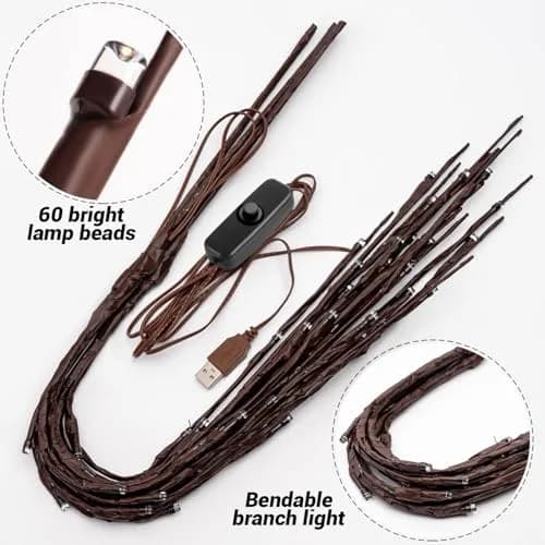 KXCOFTXI 3-Pack 30" Twig Lights USB Plug-in Branches Lights, 60 Warm White LEDs | Bendable Decorative Lights for Vases thumbnail 6