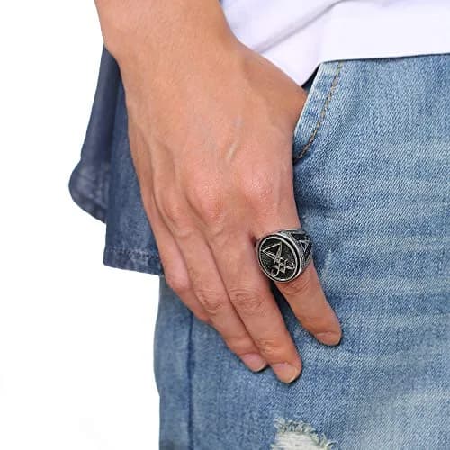 VNOX Sigil of Lucifer Seal of Satan Symbol Signet Ring Band for Men, Talisman Amulet Jewelry (Silver-Lucifer, Size 9) thumbnail 5