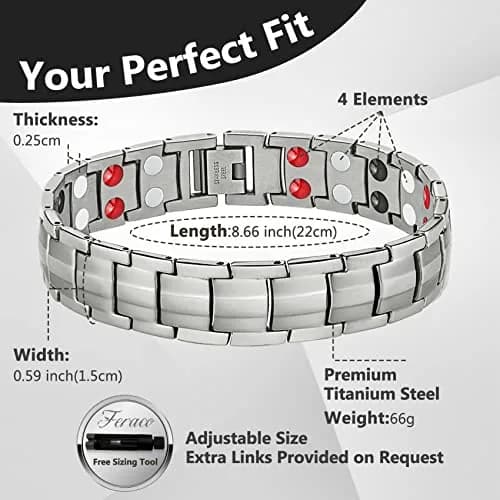 Feraco Magnetic Bracelet Titanium Steel Double Row 4 Elements Silver | Hypoallergenic & Adjustable thumbnail 2