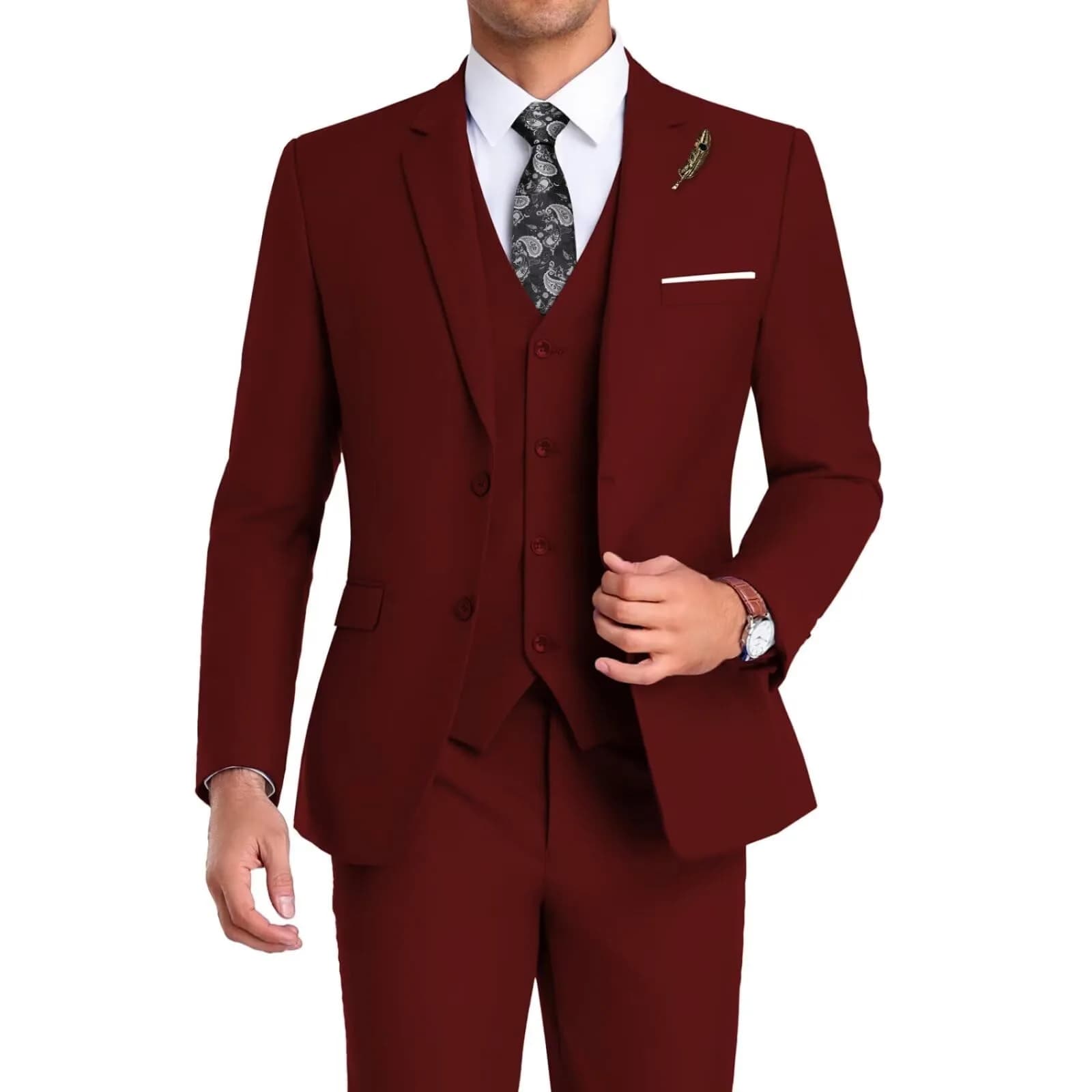 Mrbuerly Mens Suits 3 Pieces Slim Fit Wedding Suit for Men Tux Grey XS/3630 | Modern Slim Fit Formal Suit — Burgundy / X-Small