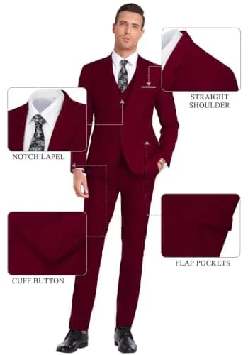 Mrbuerly Men Suit 3 Pieces Burgundy Slim Fit XS/3630 | Modern Formal Attire for Indian Weddings & Events thumbnail 5