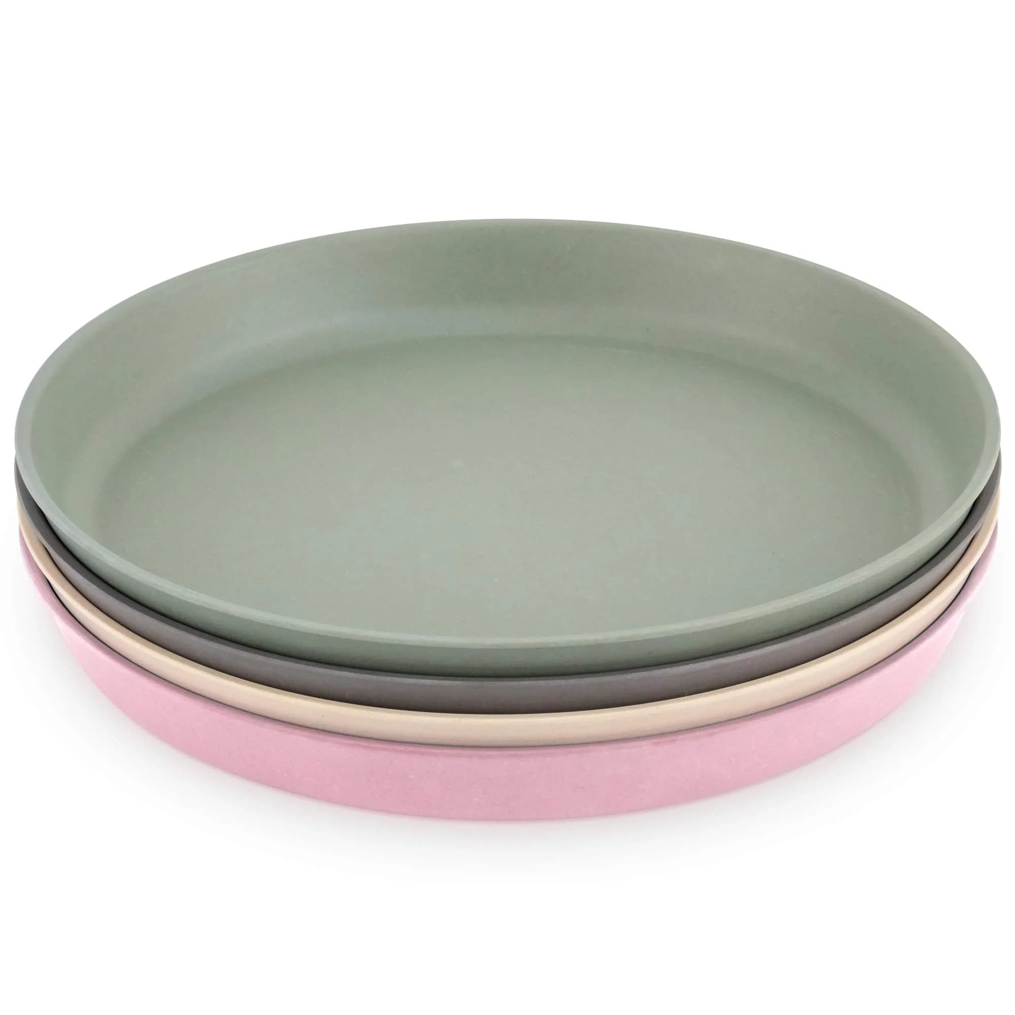 WeeSprout Bamboo Plates Set of 4 Kid-Sized Dinnerware | BPA-Free & Dishwasher Safe — Pink/Green/Gray/& Beige / Without Lids