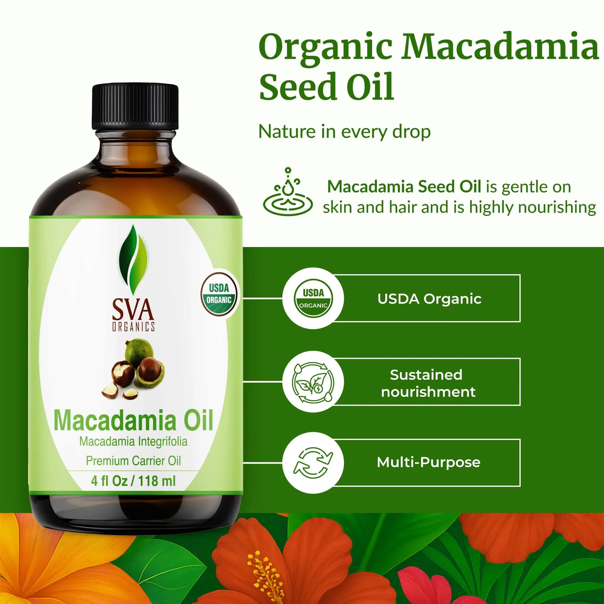 SVA ORGANICS Organic Macadamia Seed Carrier Oil 118 ml (4 Fl Oz) | Cold-Pressed, Unscented, Pure for Skin & Hair - view 2