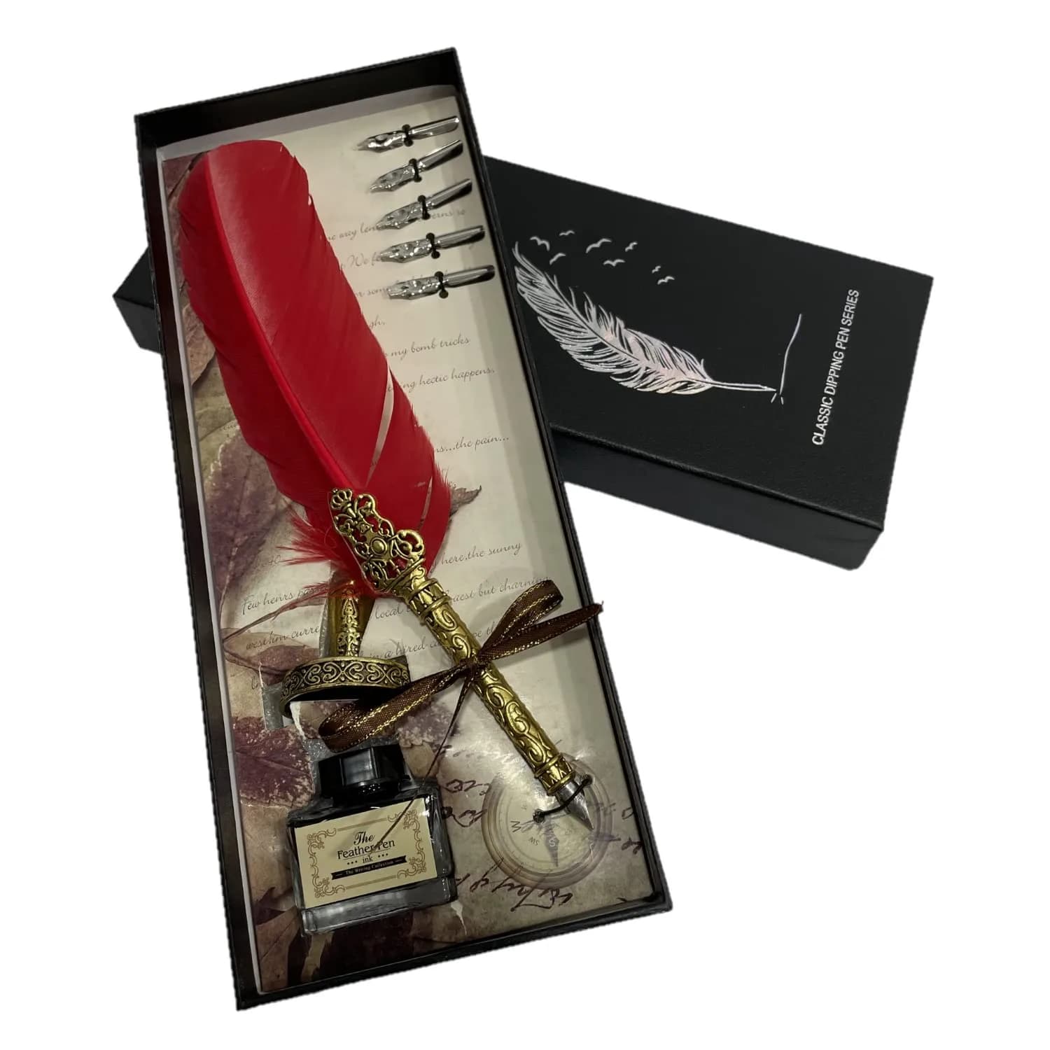 KABEER ART Red Feather Dip Pen Set with 5 Nibs | Smooth Ink Flow Writing Instrument - main product image