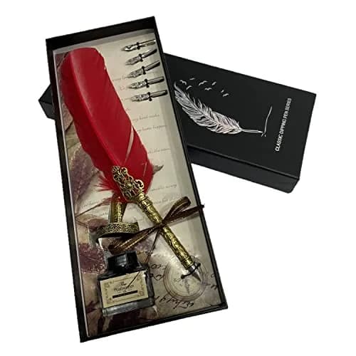KABEER ART Red Feather Dip Pen Set with 5 Nibs | Smooth Ink Flow Writing Instrument thumbnail 1