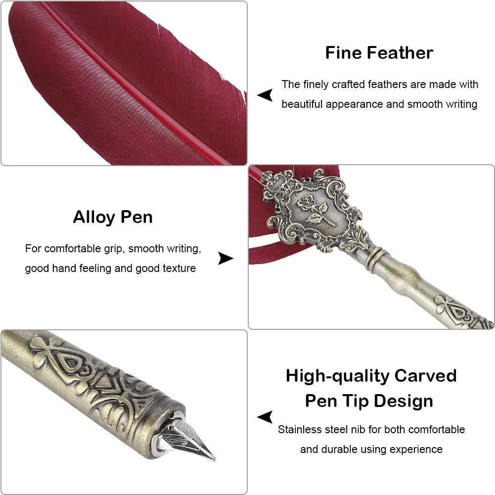 KABEER ART Red Feather Dip Pen Set with 5 Nibs | Smooth Ink Flow Writing Instrument - view 2