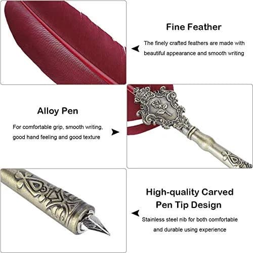 KABEER ART Red Feather Dip Pen Set with 5 Nibs | Smooth Ink Flow Writing Instrument thumbnail 2