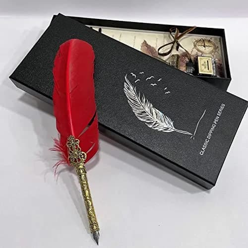 KABEER ART Red Feather Dip Pen Set with 5 Nibs | Smooth Ink Flow Writing Instrument thumbnail 3