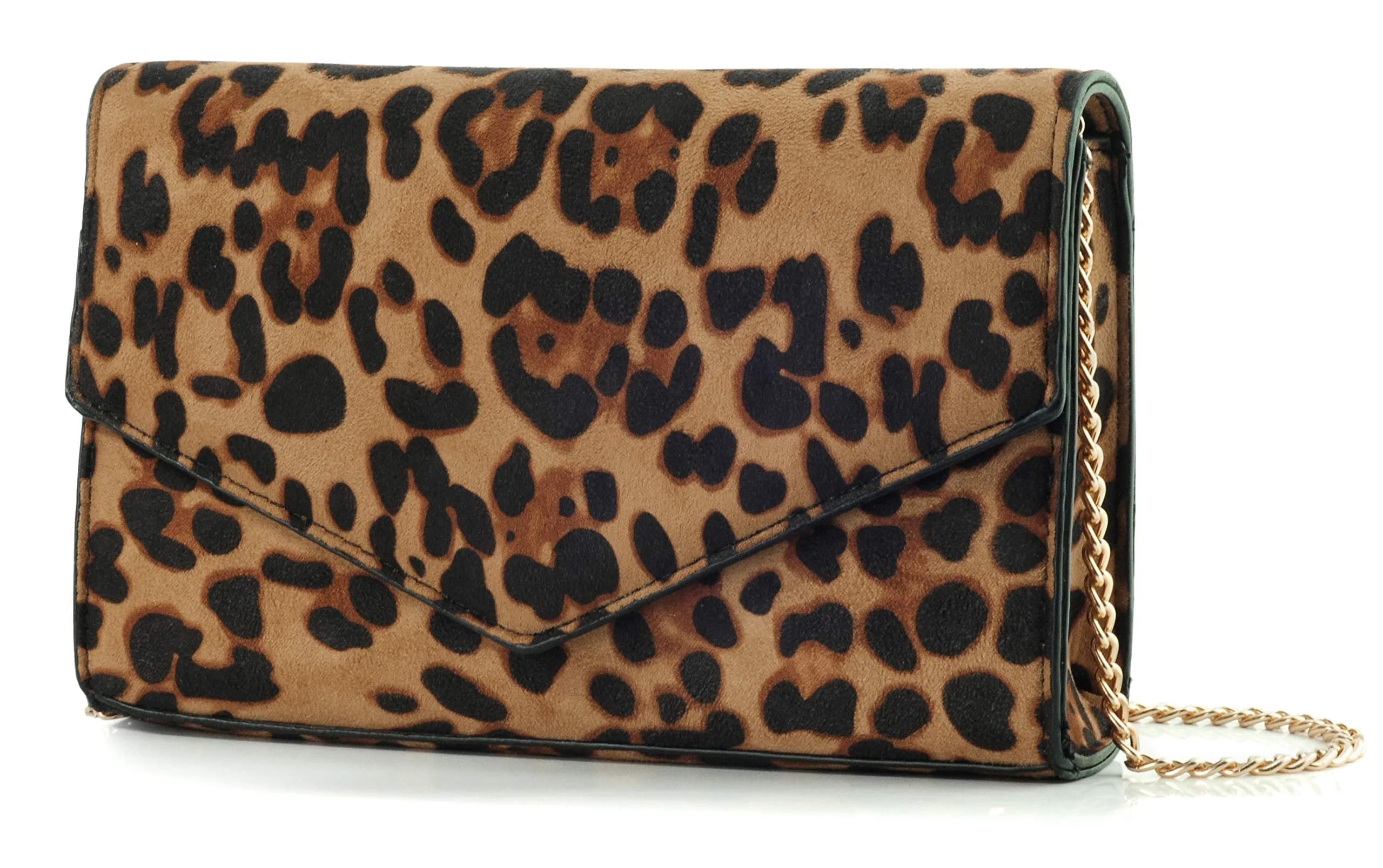 HOXIS Leopard Print Envelope Evening Clutch Women Chain Shoulder Bag (Brown Leopard Print) | Detachable Chain Strap