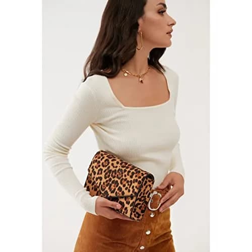 HOXIS Leopard Print Envelope Evening Clutch Women Chain Shoulder Bag (Brown Leopard Print) | Detachable Chain Strap thumbnail 2