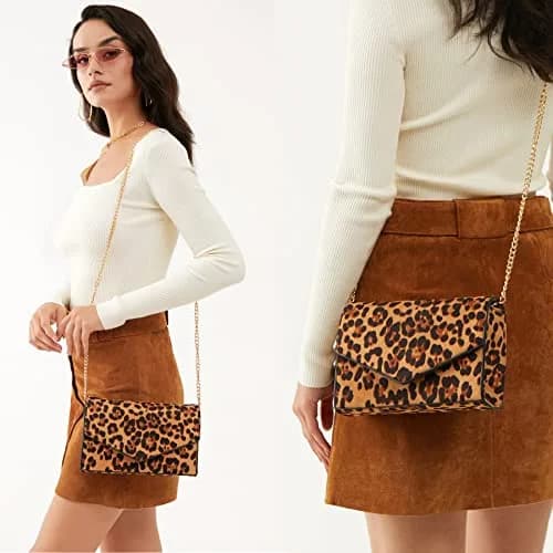 HOXIS Leopard Print Envelope Evening Clutch Women Chain Shoulder Bag (Brown Leopard Print) | Detachable Chain Strap thumbnail 3