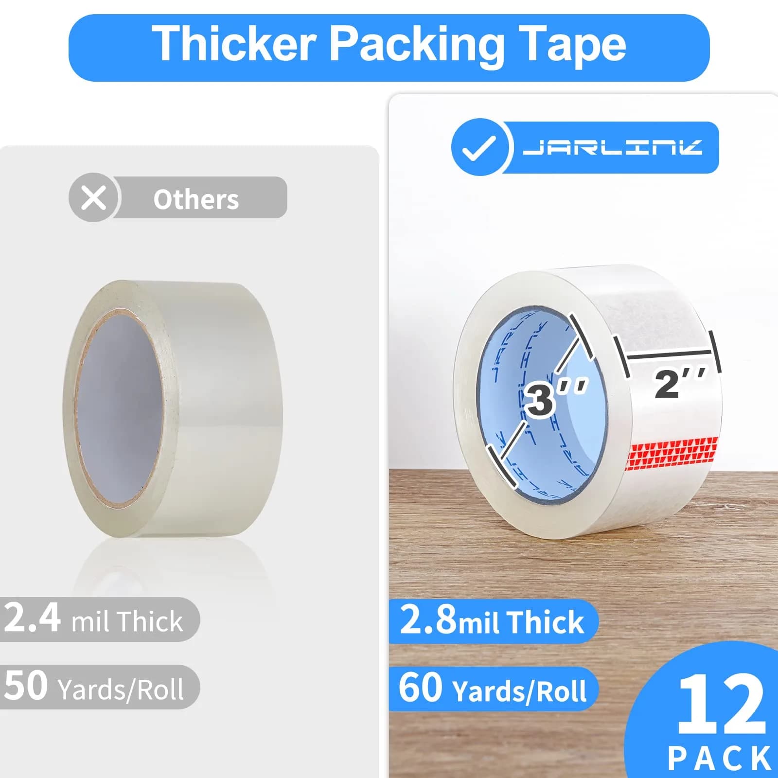 JARLINK Clear Packing Tape 2.8mil, 50mm x 55m (2" x 60 yd) | Heavy Duty BOPP Acrylic Adhesive Tape for Shipping & Sealing - view 2
