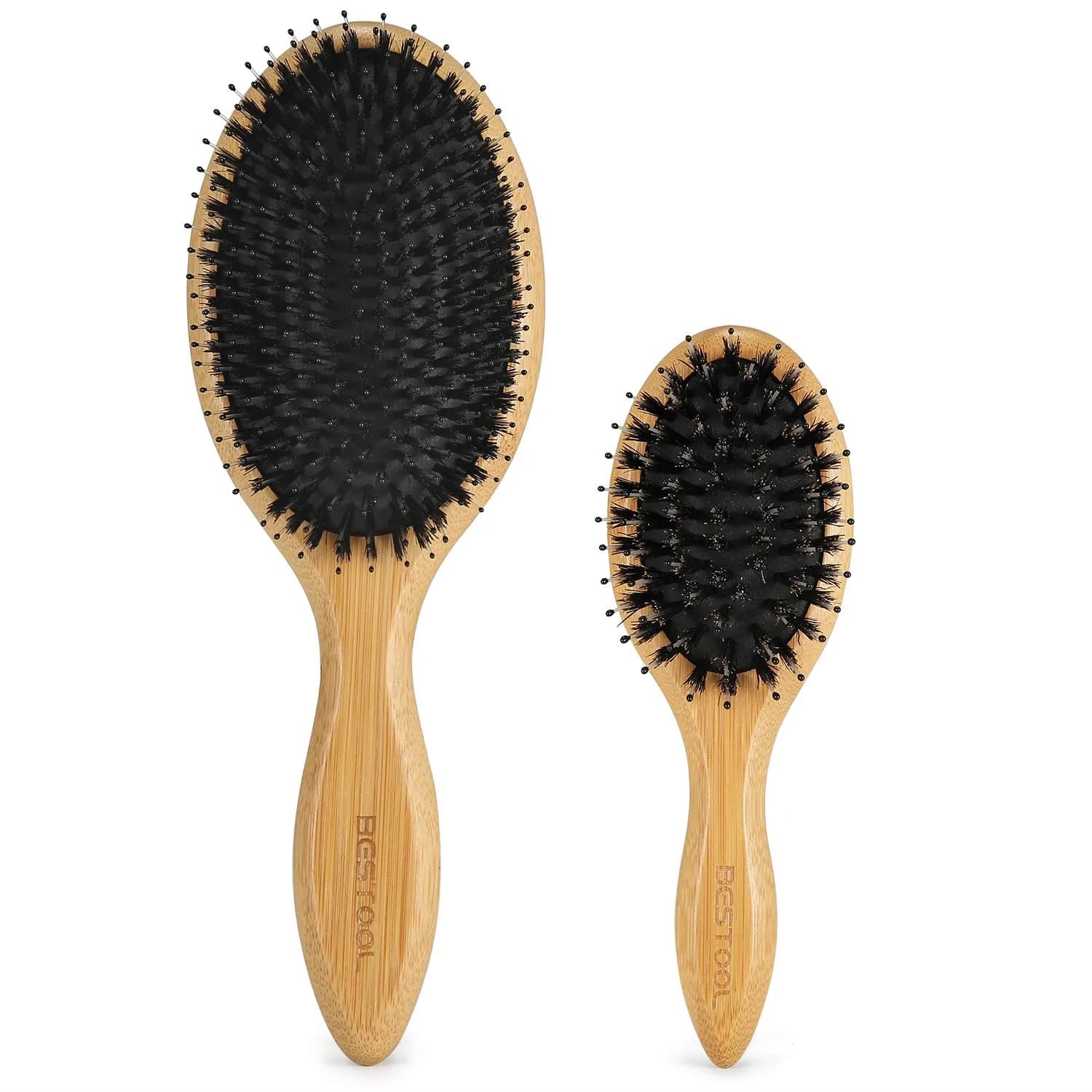 BESTOOL Boar Bristle Hair Brush Set (Regular & Small) | Detangles, Softens & Adds Shine — Black