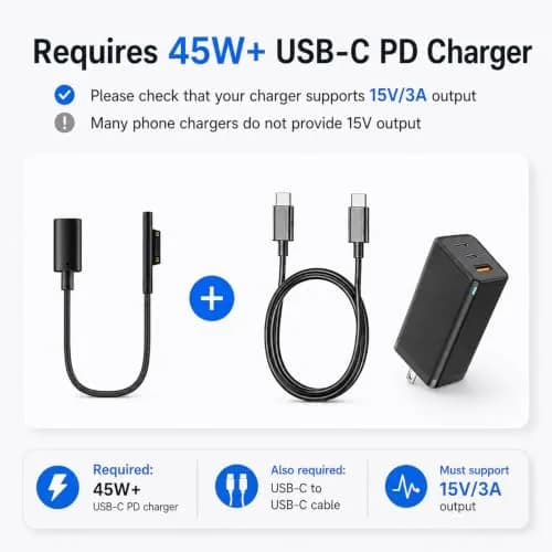 Sisyphy Surface Connect to USB-C Charging Cable 20cm (8in) Nylon | 45W PD Fast Charging for Surface Pro, Laptop, Go, Book thumbnail 5