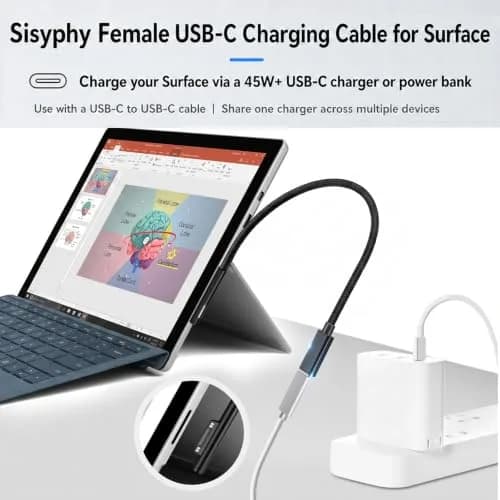 Sisyphy Surface Connect to USB-C Charging Cable 20cm (8in) Nylon | 45W PD Fast Charging for Surface Pro, Laptop, Go, Book thumbnail 2