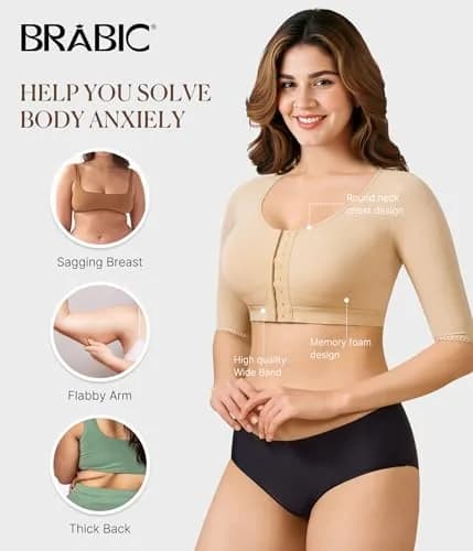 BRABIC Women's Post Surgery Arm Compression Shaper Top with Front Closure Bra - Beige, Medium | Slims Arms & Back, Improves Posture thumbnail 5
