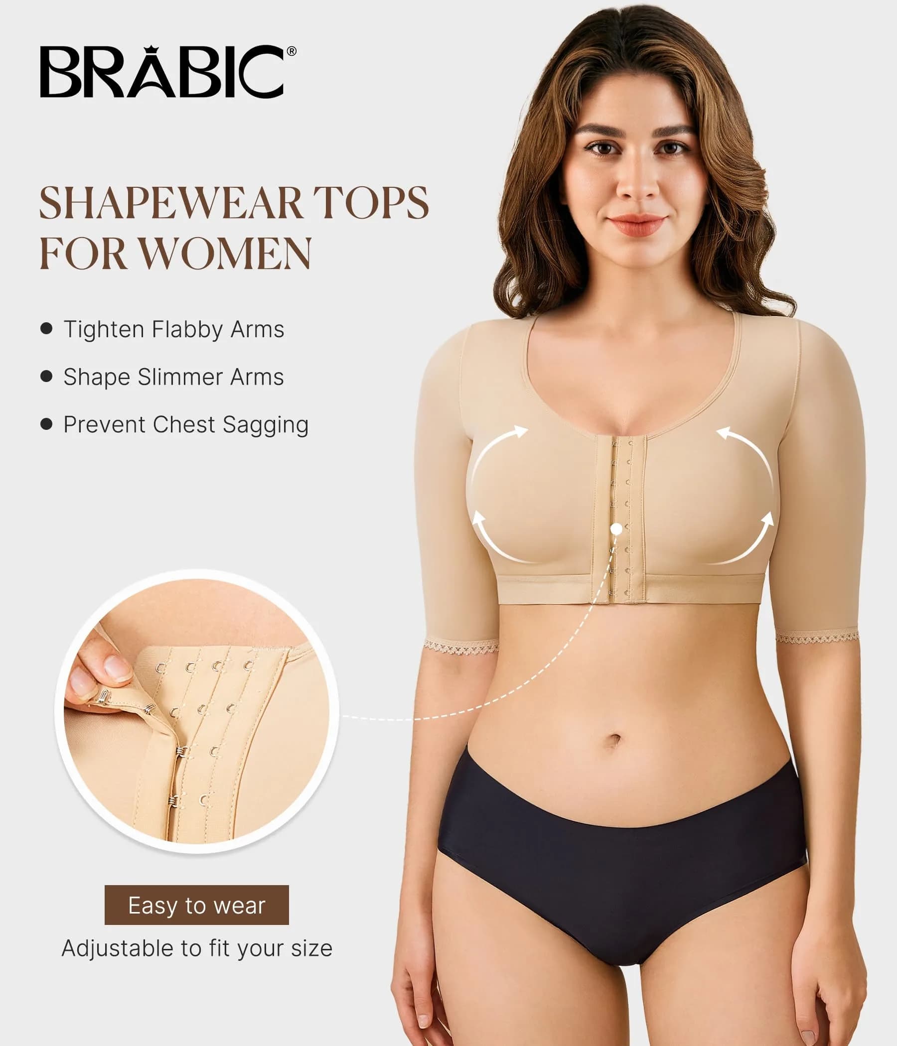 BRABIC Women's Post Surgery Arm Compression Shaper Top with Front Closure Bra - Beige, Medium | Slims Arms & Back, Improves Posture - view 2