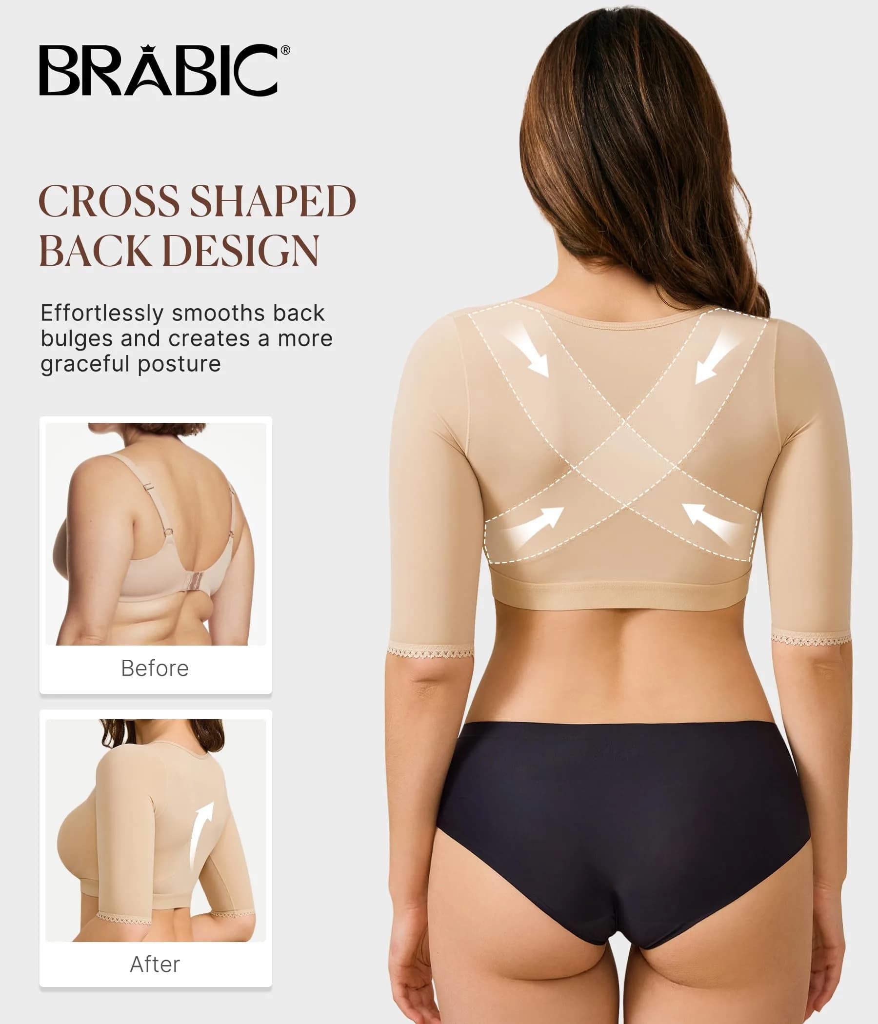 BRABIC Women's Post Surgery Arm Compression Shaper Top with Front Closure Bra - Beige, Medium | Slims Arms & Back, Improves Posture - view 4