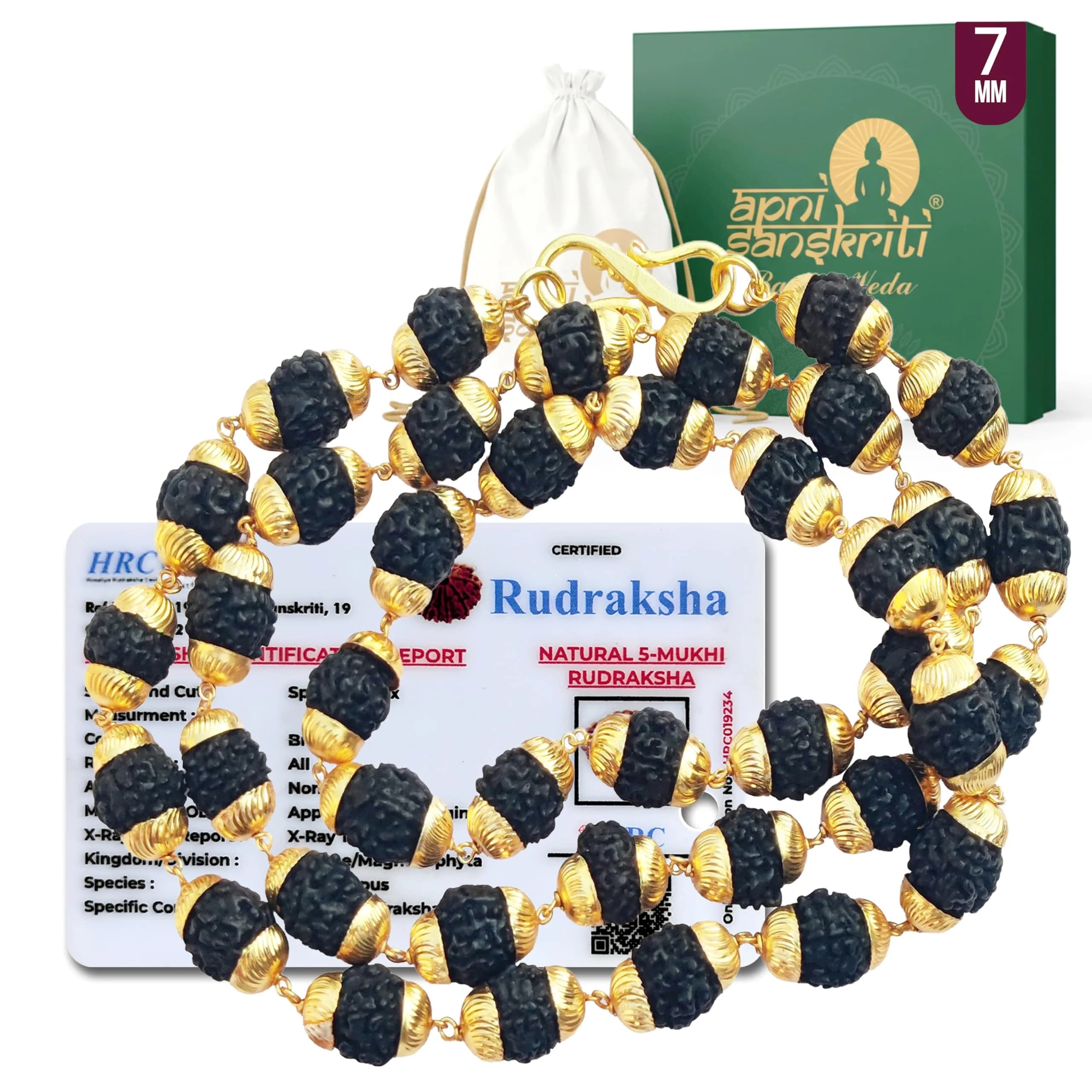 Apnisanskriti Black Rudraksha Mala with Golden Cap, 7-8mm Oval Beads | 109 Beads, 50g — Gold