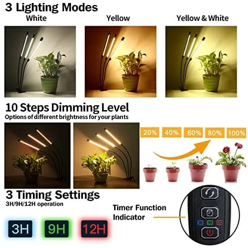 Bseah Full Spectrum LED Grow Light for Indoor Plants, 3-Head Clip-On Lamp with Timer & Dimmable Brightness | 15W (E26 Base) thumbnail 2