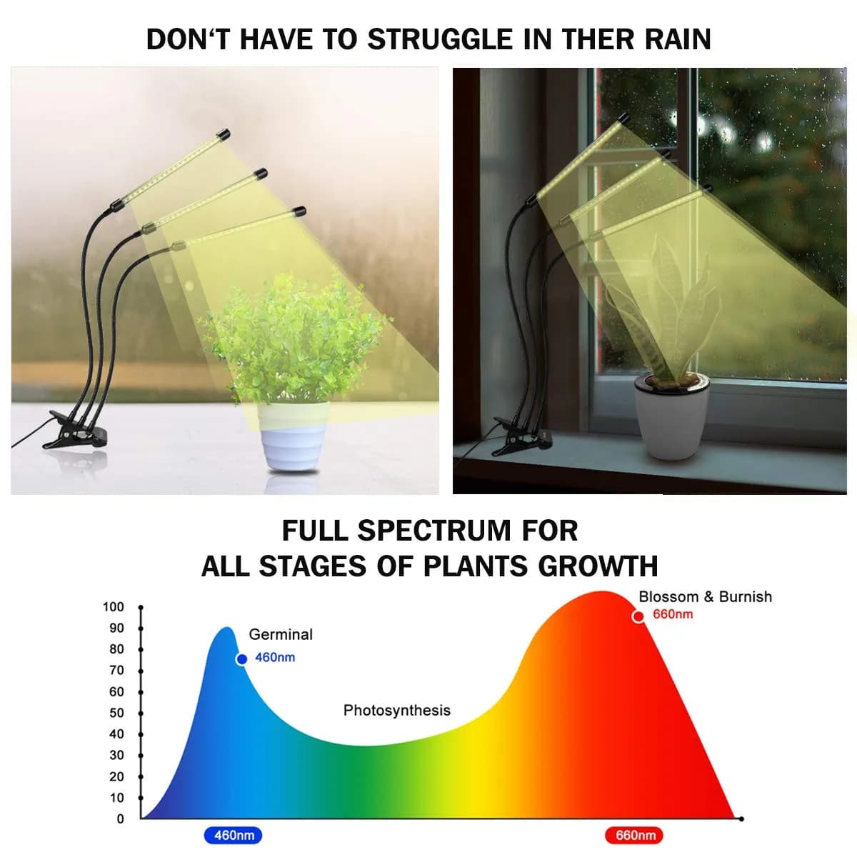 Bseah Full Spectrum LED Grow Light for Indoor Plants, 3-Head Clip-On Lamp with Timer & Dimmable Brightness | 15W (E26 Base) - view 3